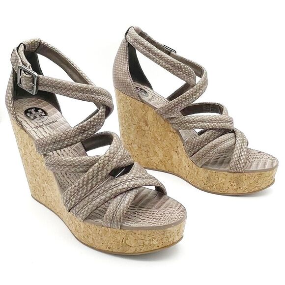 Tory Burch Taupe Reptile Embossed Leather Strappy Cork Wedge Sandals Size 10.5 - Picture 1 of 16